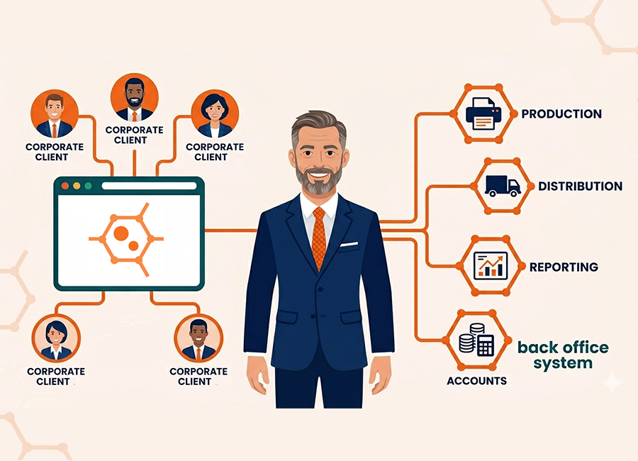 A web to print portal connecting multiple corporate clients to a unified back office system managed by a print service provider, demonstrating zero-touch automation for production, distribution, reporting, and accounts.