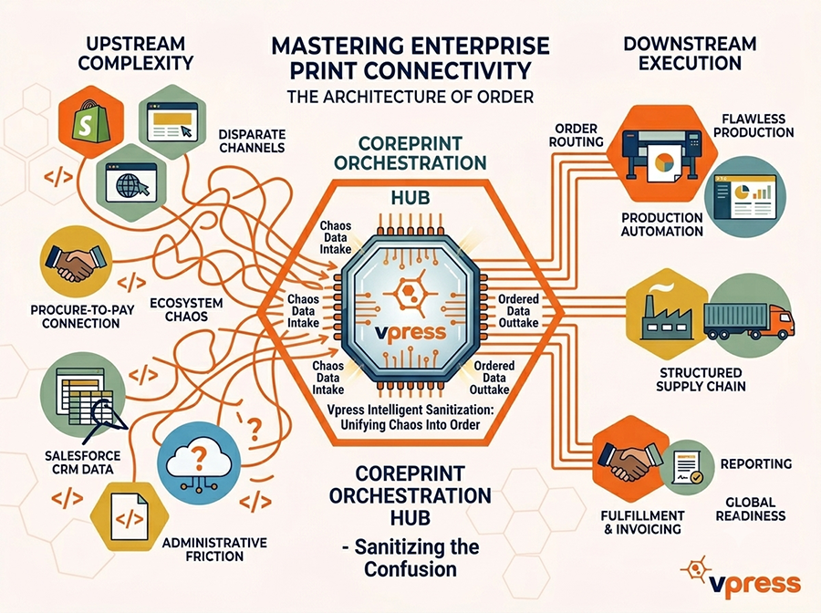 Web to Print platform integration infographic showing Coreprint orchestration hub converting chaotic upstream corporate data into streamlined downstream production workflows.