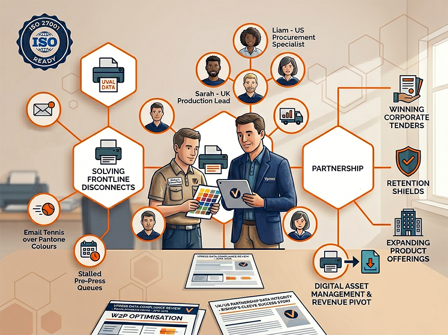 Vpress dedicated account manager collaborating with a print supplier to streamline web to print procurement workflows, integrate data platforms, and secure corporate contract retention.