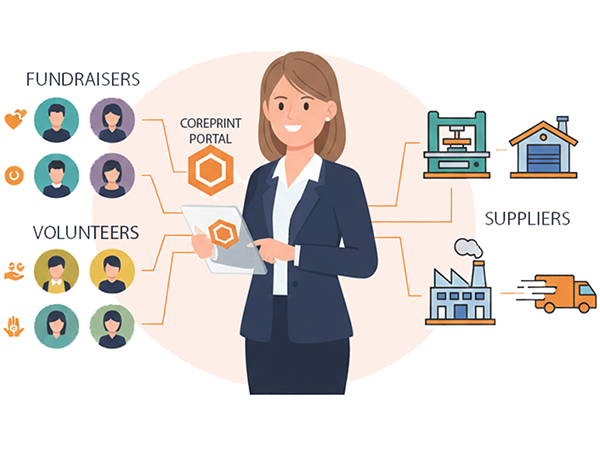 Illustration of charity workers organizing personalized fundraising materials and campaigns through a secure web-to-print system