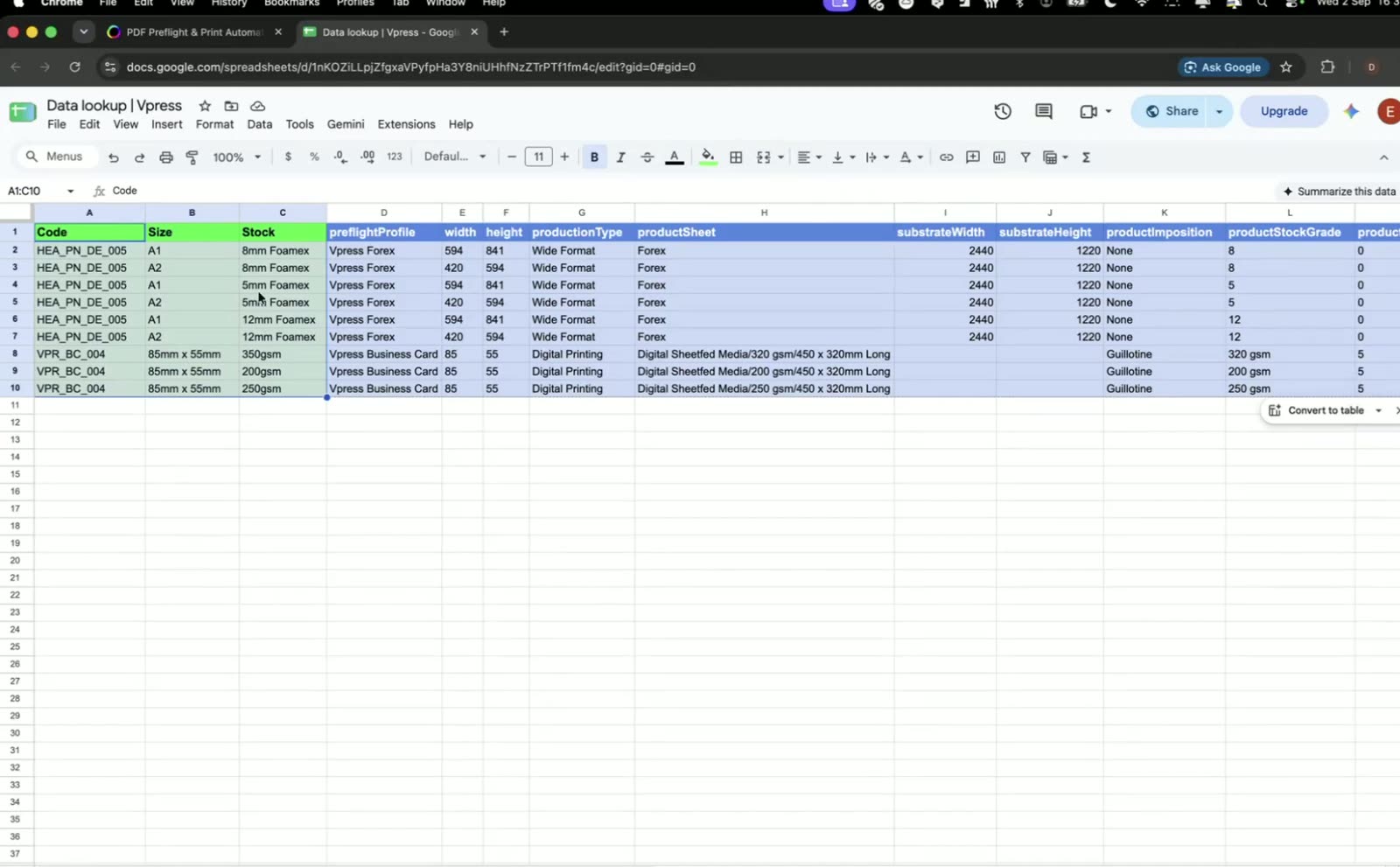 The lookup sheet turning shop names into production specs