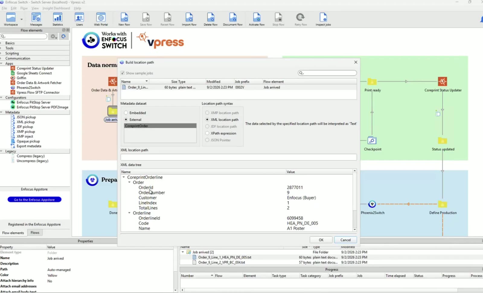 The Coreprint order XML attached to the job in Switch