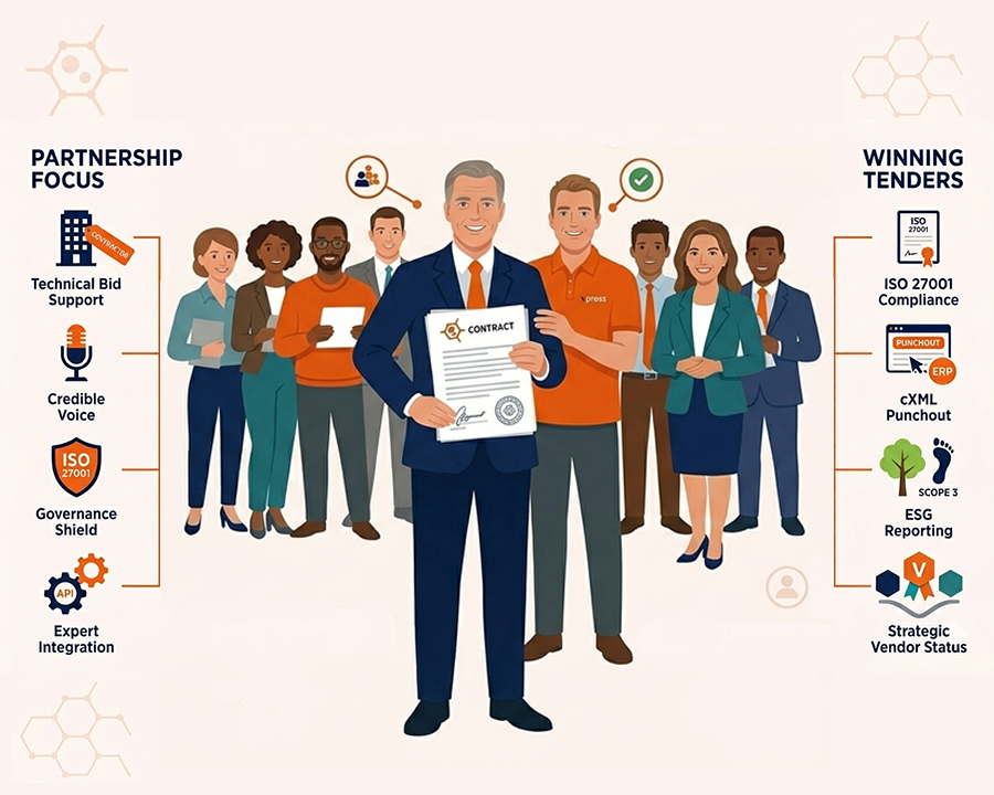 Flat vector illustration of a Vpress partnership helping a commercial printer win enterprise tenders, featuring web to print technical bid support, ISO 27001 compliance, cXML punchout integration, and ESG reporting icons.