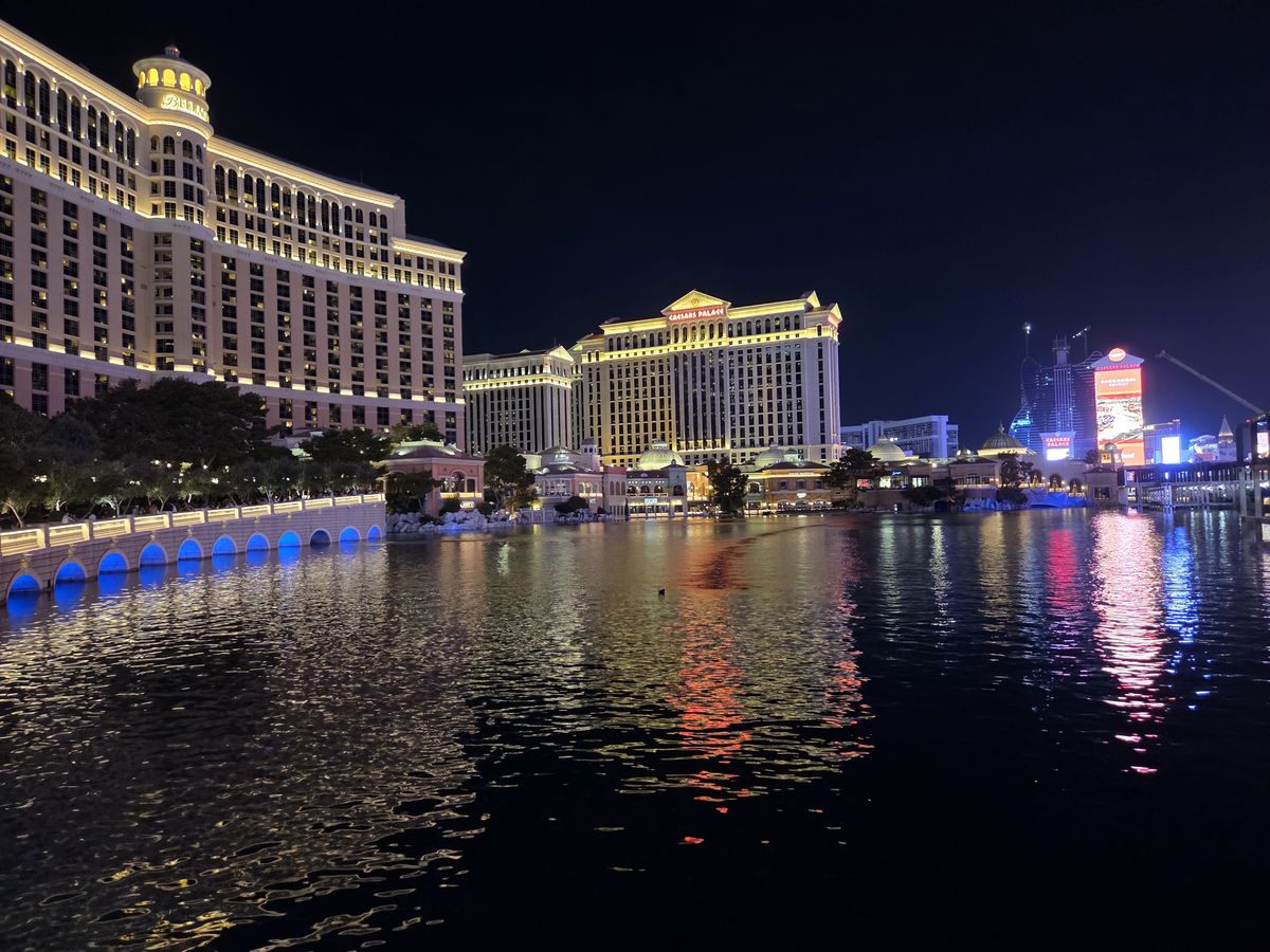 The Bellagio and Caesars Palace lit up at night in Las Vegas